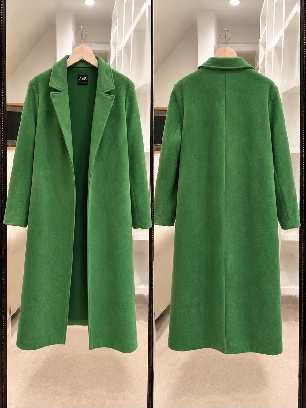 ZARA Green Faux Suede Longline Open Front Coat Size M